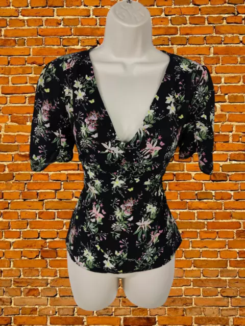 Womens Oasis Black Floral Top T-Shirt Blouse Tie Back Passion Flower Size Uk 10