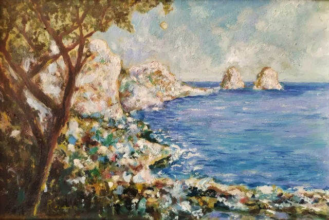Blick auf Küstenlandschaft von Capri Faraglioni Felsen Original Antike Ölgemalde