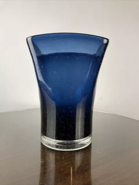 Thomas Obrien Vintage Modern Vase Dark Blue Glass Bubbles EUC