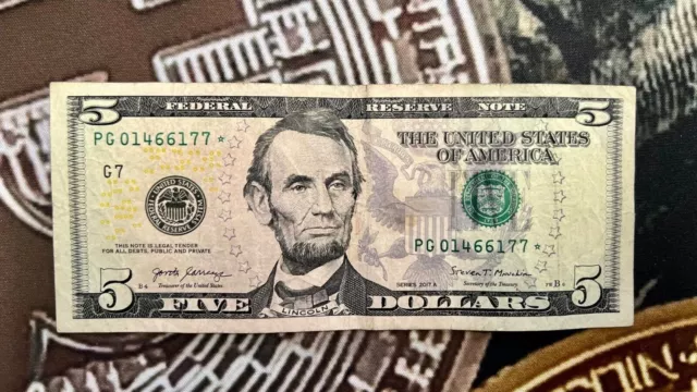 Lucky $5 Five Dollar Bill (Star Note) - 2017A Series - PG01466177*