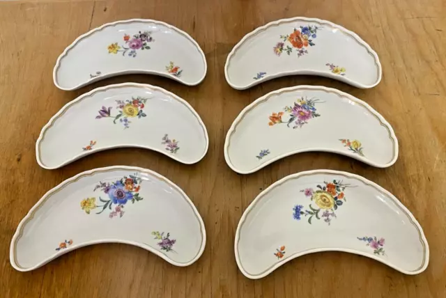 6x Meissen Porzellan halbmondförmige Beilgenschalen Teller Meissener Blumen