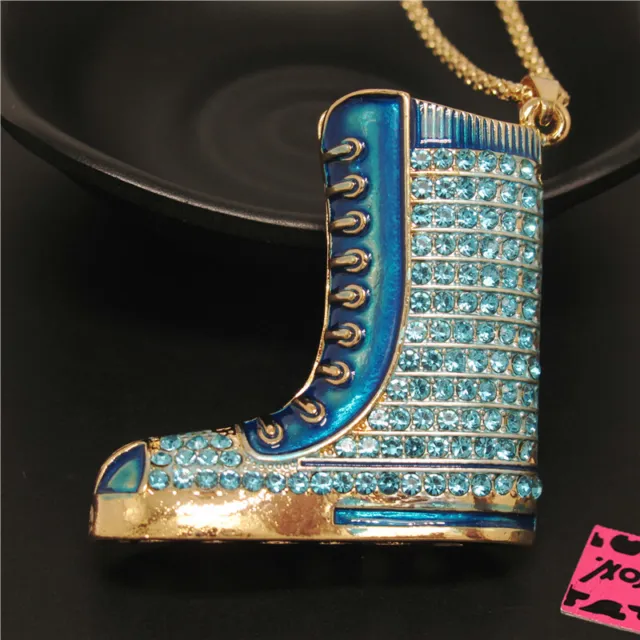 New Fashion Lady Blue Enamel Bling Booties Crystal Pendant Women Necklace