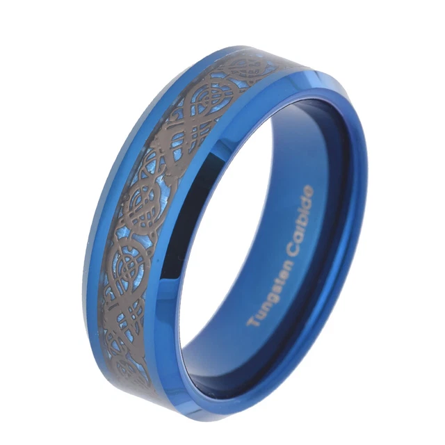 8mm Blue Tungsten Carbide Men Wedding Engagement Band Black Celtic Dragon Bevel