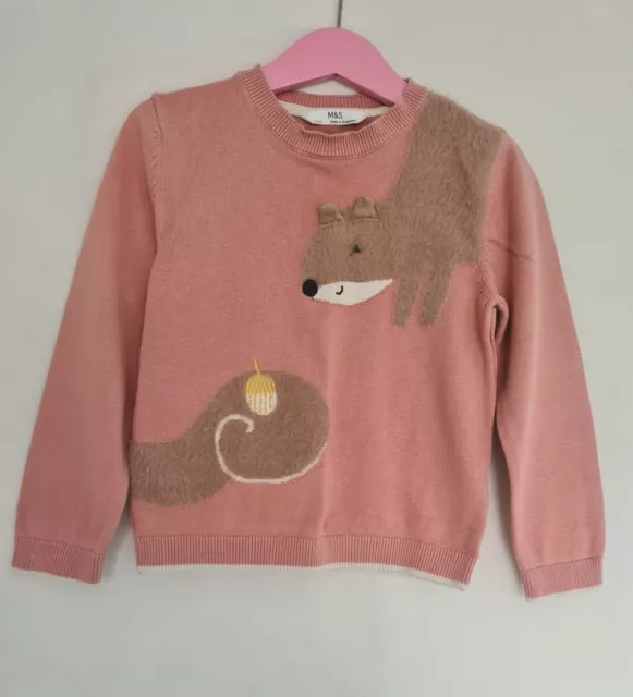 Marks and Spencer Jumper Girls Age 4-5 Year Pink Knitted Cotton Fluffy Squirrel