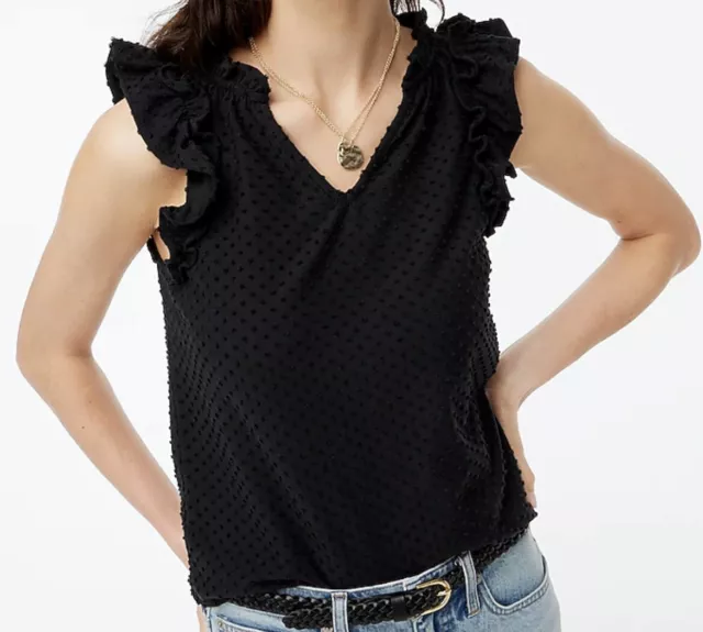 J Crew Womens Ruffle-Sleeve Clip-Dot Top Black  Size Small Nwt $59.50