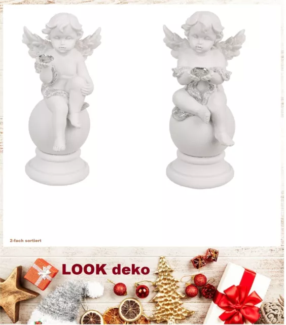 Putten Engel Kristallherz Figur Sitzend Weiß Deko 16x7 Polyresin 2-fach sortiert