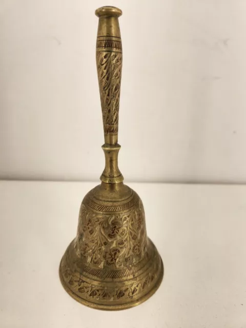 Vintage Engraved Brass Hand Bell with Thin Handle Made In India 6.5" Tall