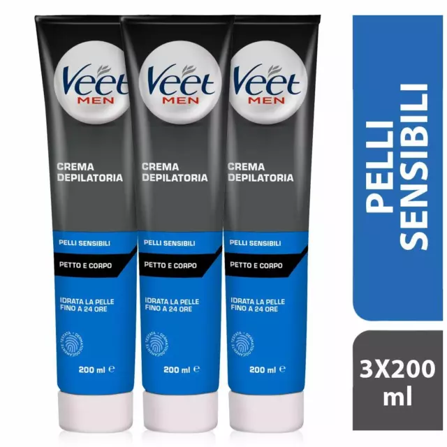 3 X Crema Depilatoria Veet For Men Silk & Fresh per Uomo Pelli Sensibili 200 ml