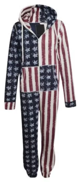 Bambine Ragazzi Bandiera USA Americana 1ONESIE Tutti IN Uno Cappuccio Tuta 4-13