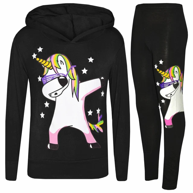 Kids Girls Rainbow Unicorn Dab Floss Baby Pink Hooded Top Legging Set Tracksuits