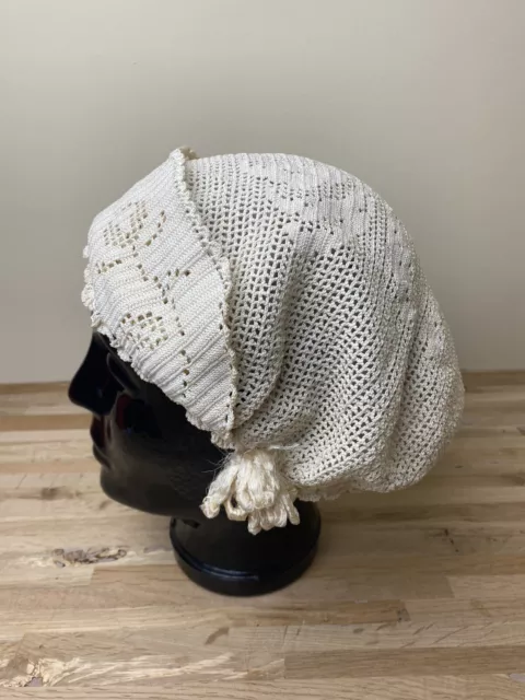 Antique vintage nightcap Edwardian Victorian crochet dust cap silk lining