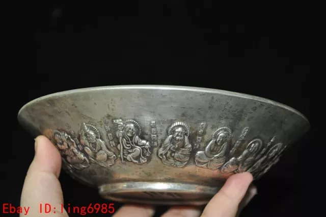 7" Chinese Ancient times Tibetan silver 18 Arhat The statue Tea cup Bowl 3