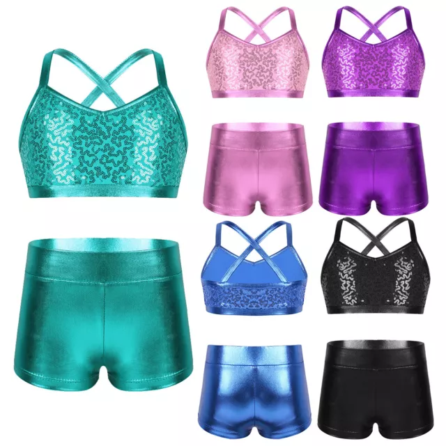 Kids Girls Ballet Latin Hip-hop Dance Outfit Crop Tops+Shorts Sets Gym Dancewear