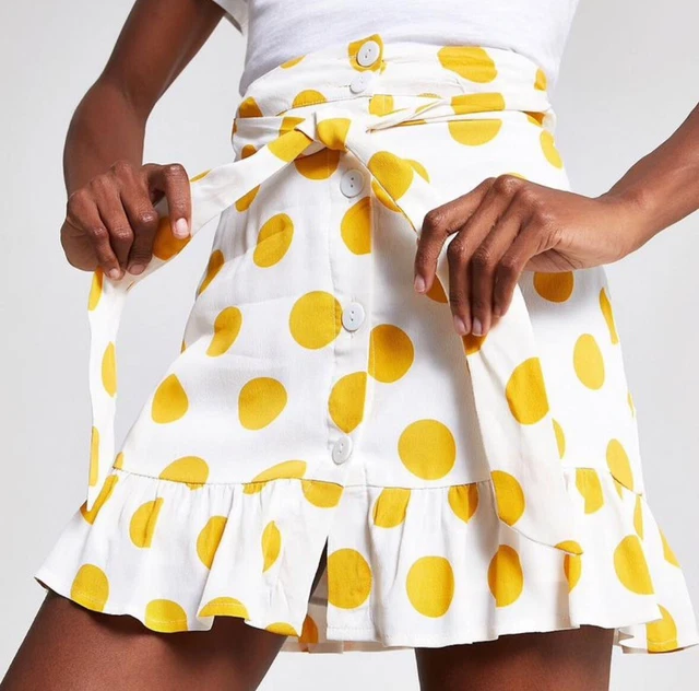 RIVER ISLAND WHITE Yellow Ruffle Mini Skirt Size 12 Uk Polka Dot