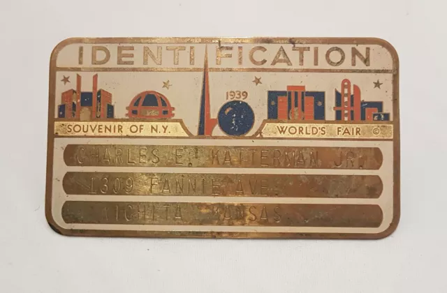 1939 New York Worlds Fair Kansas visitor Identification brass/enamel souvenir