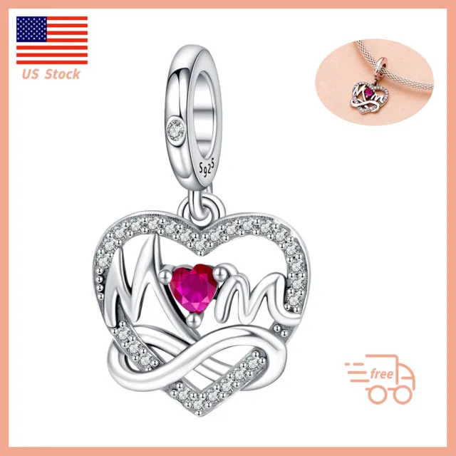 Real 925 Sterling Silver Charm for Bracelets Love Mom Red Heart Dangle Charm