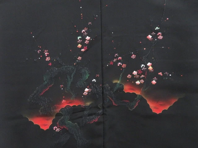 3509T09z560 Vintage Japanese Kimono Silk HAORI Plum tree Black