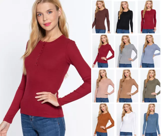 Women's Crew Neck Thermal Shirt Top Stretch Cotton Long Sleeve