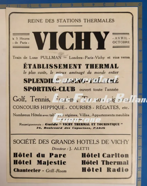 VICHY STATION THERMALE CASINO GOLF HOTEL VACANCES 1930 publicité advert