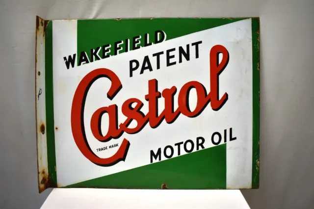 Vintage Castrol Motor Öl Porzellan Zeichen Bügelhalterung Zweiseitig Wakefield