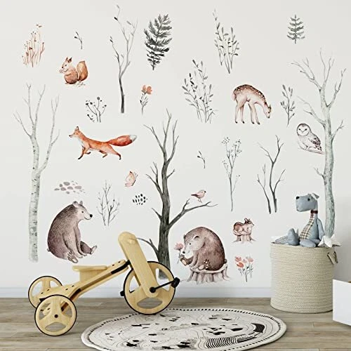Safari Wall Decals Woodland Nursery Decor Kids Room Decor Birch Tree Wall