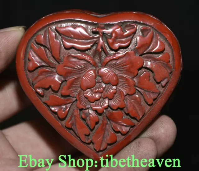 3" Rare Old Chinese Red Lacquerware Carving heart-shaped Flower Jewelry Box