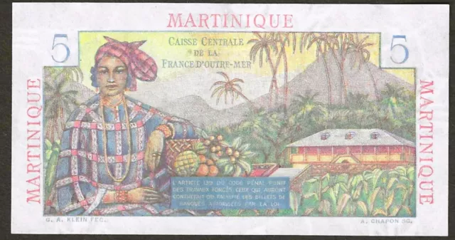 Martinique 5 Francs 1947-1949 ~ P-27 ~  Nice Choice Au/Uncirculated Note 2