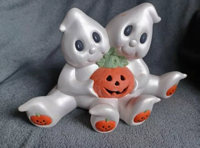 Vintage Halloween Ceramic Lighted Ghost Jack O Lantern Pumpkin Buddy Decoration