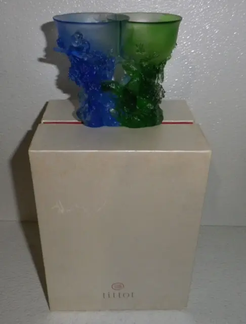 Tittot Art Crystal Glass Green Blue Signed Bird Sculpture In Box Vtg 2007