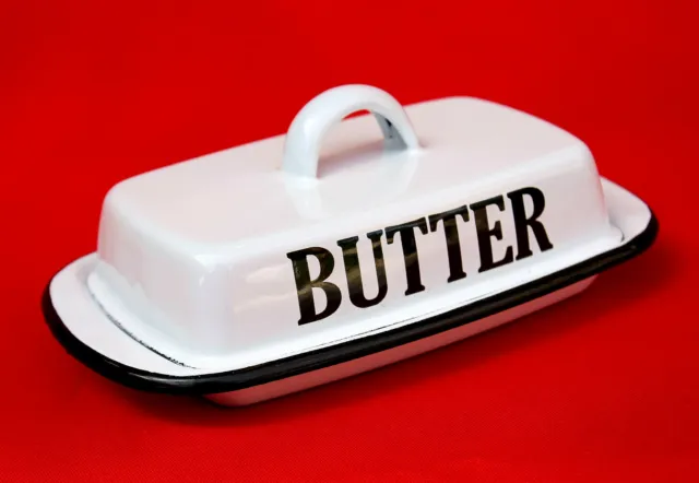 Retro Butterdose 51230 Emaille Weiß Butterschale Vintage Butterglocke emailliert