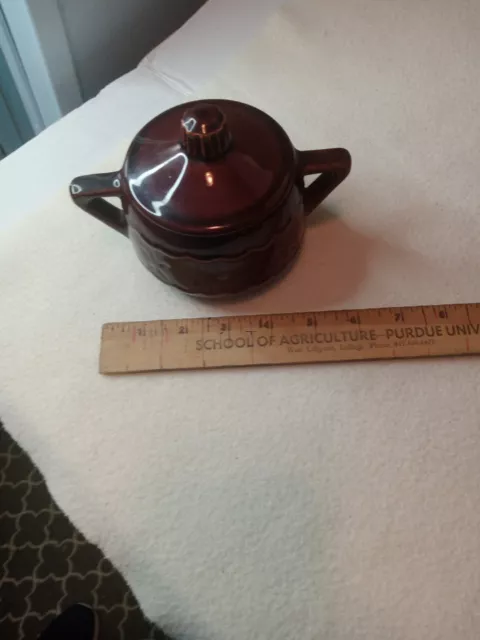 Vintage USA Pottery Oven Proof Brown Drip Glaze Sugar Bowl w/Lid Read