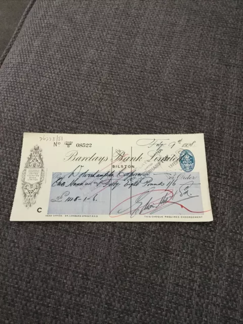 Vintage Barclays Bank Used Cheque 1928 Payable To Wolverhampton Corporation