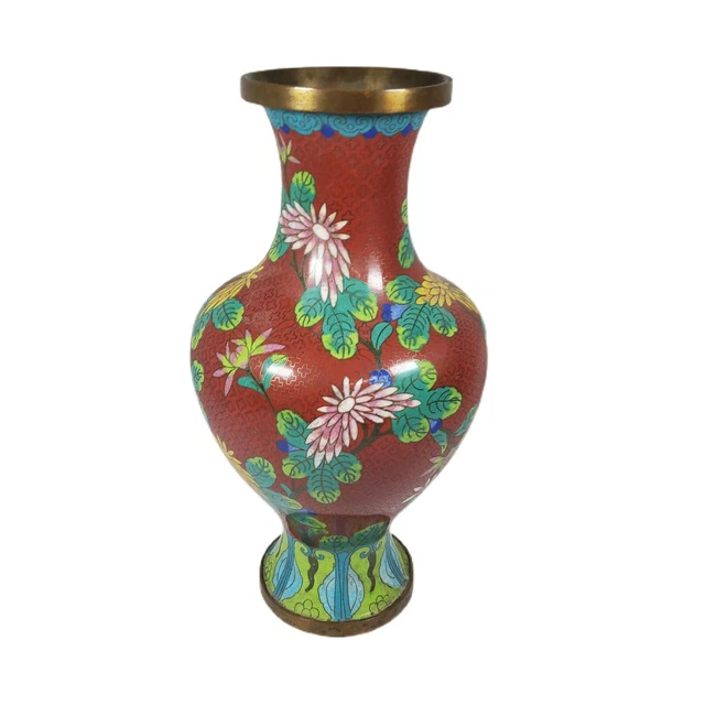 LARGE 12& ANTIQUE Chinese Cloisonne Vase Red Floral Bronze Base Flowers
