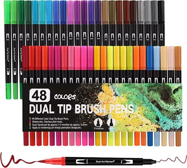 48 Farben Dual Tip Marker Stifte Set wasserbasierte Feinfutterbürste für Kinder Erwachsene