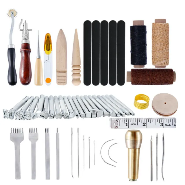 52 piezas Kit de herramientas de cuero con estampillas perforadoras ranura de sutura agujas artesanales Ipomoea