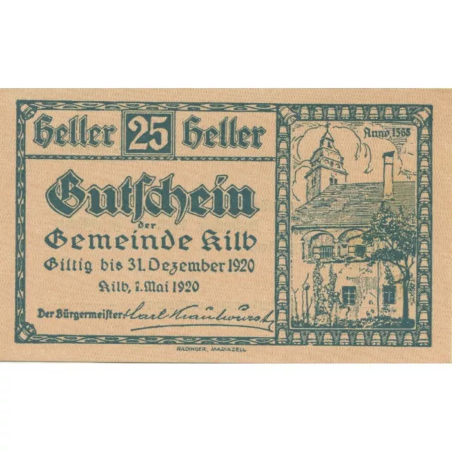 [#284929] Banknote, Austria, Kilb, 25 Heller, Eglise 1920-12-31, UNC, Mehl:F