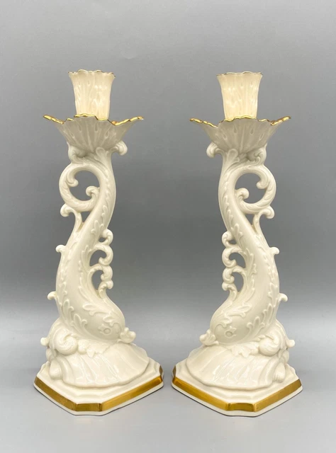 20th Century Cream and Gold Dolphin Lenox Porcelain Candlesticks- a Pair