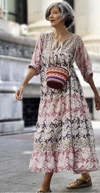 Zara Boho Cotton Floral Hand Block Print Tiered Maxi Prairie Kaftan Dress  Xl-Xxl £59.99 - Picclick Uk