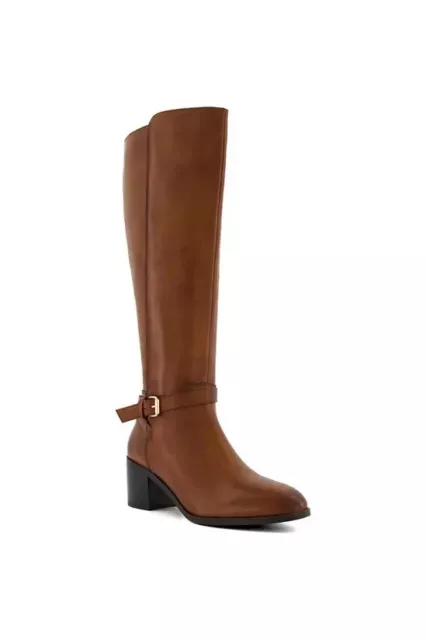 Dune London Trusti Tan Buckled Leather Heeled Knee High Boots Size 6