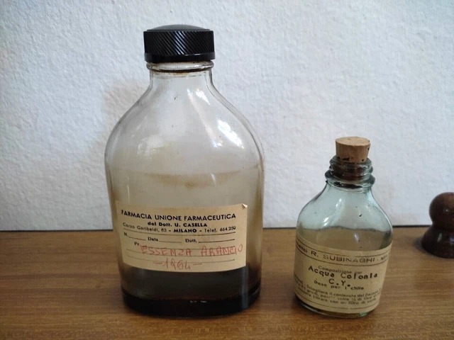Vintage Coppia Vasetti In Vetro Laboratorio Farmacia Anni '60 Essenze