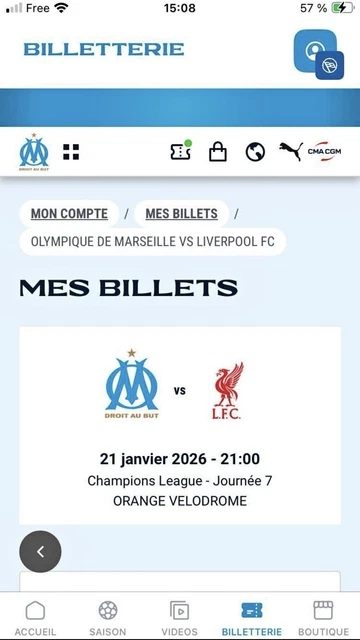Billet Olympique de Marseille - Olympique Lyonnais place match foot OM