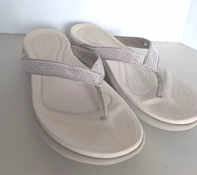 Crocs Sequin Womens Size 10 W Beige Dual Comfort Casual Slip On Flip Flops