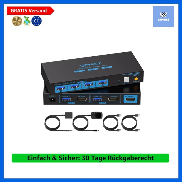 VPFET Dual Monitor KVM Switch HDMI 2 Port 4K60HZ KVM Switcher HDMI für 2 Computer 2 Monitore mit 4 USB 3.0 Ports Unterstützt Kopieren und Erweiterte Anzeige und Desktop Steuerung Inklusive 2