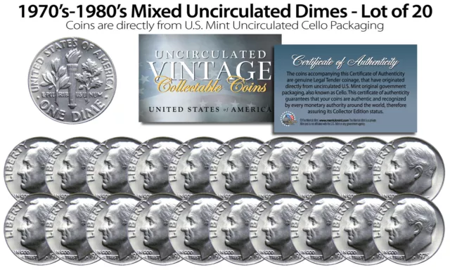 1970's-1980's DIMES Mixed Uncirculated Coins Direct US Mint Cello Packs (QTY 20)