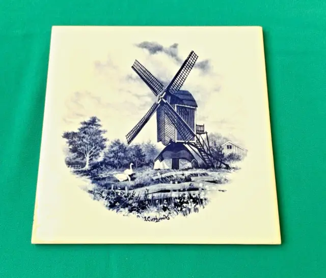 Vintage Dutch 15cm x 15cm Tile Windmill Country Scene Holland signed by Artist