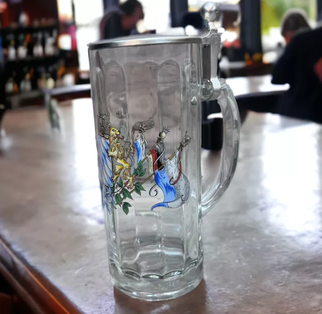 German Glass Beer Stein with Pewter lid Krauss Maffei Bavaria Crest 8” Tall