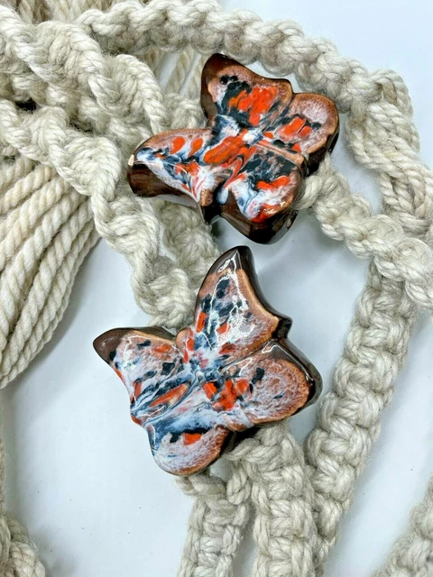Vtg Retro Macrame Plant Hanger Ceramic Orange Blue Splatter Butterfly 48in 2