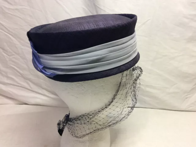 Valerie Modes Navy Blue Ladies Hat W/ Navy Blue Netting & Light Blue Cloth Band