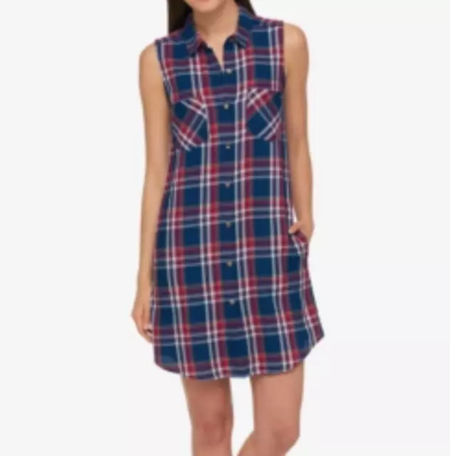 Tommy Hilfiger Cotton Plaid Shirtdress Button Down Collared Pockets RED BLUE 10