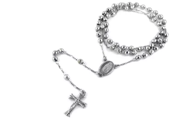 18K White Gold Plated 24" Diamond Cut Rosary Jesus Cross Charm Necklace